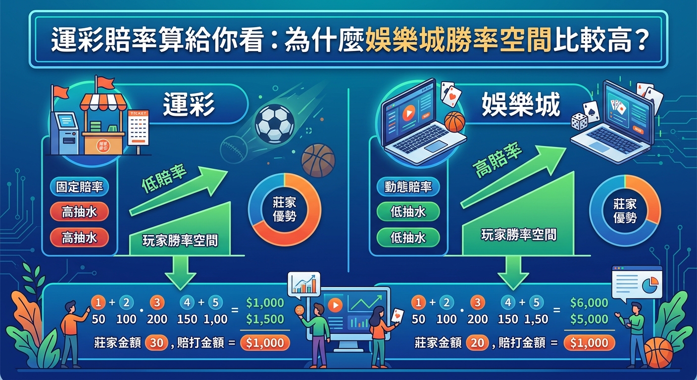 這張圖表比較了「運彩」與「娛樂城」的賠率機制,顯示後者因抽水較低且賠率更高,賦予玩家更大的勝率空間。 畫面下方透過數字與金額數據的具體算式,直觀展示兩者在莊家優勢及玩家回報上的顯著差異。