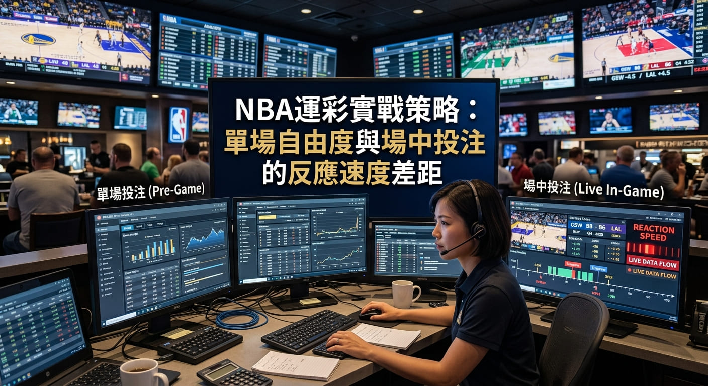 這張圖片展示了一位分析師在充滿數據螢幕的控制室中,專注地比較 NBA 單場投注與場中投注的分析畫面。 畫面中央清晰標示著標題「NBA運彩實戰策略:單場自由度與場中投注的反應速度差距」,突顯出實時數據與策略應變的重要性。